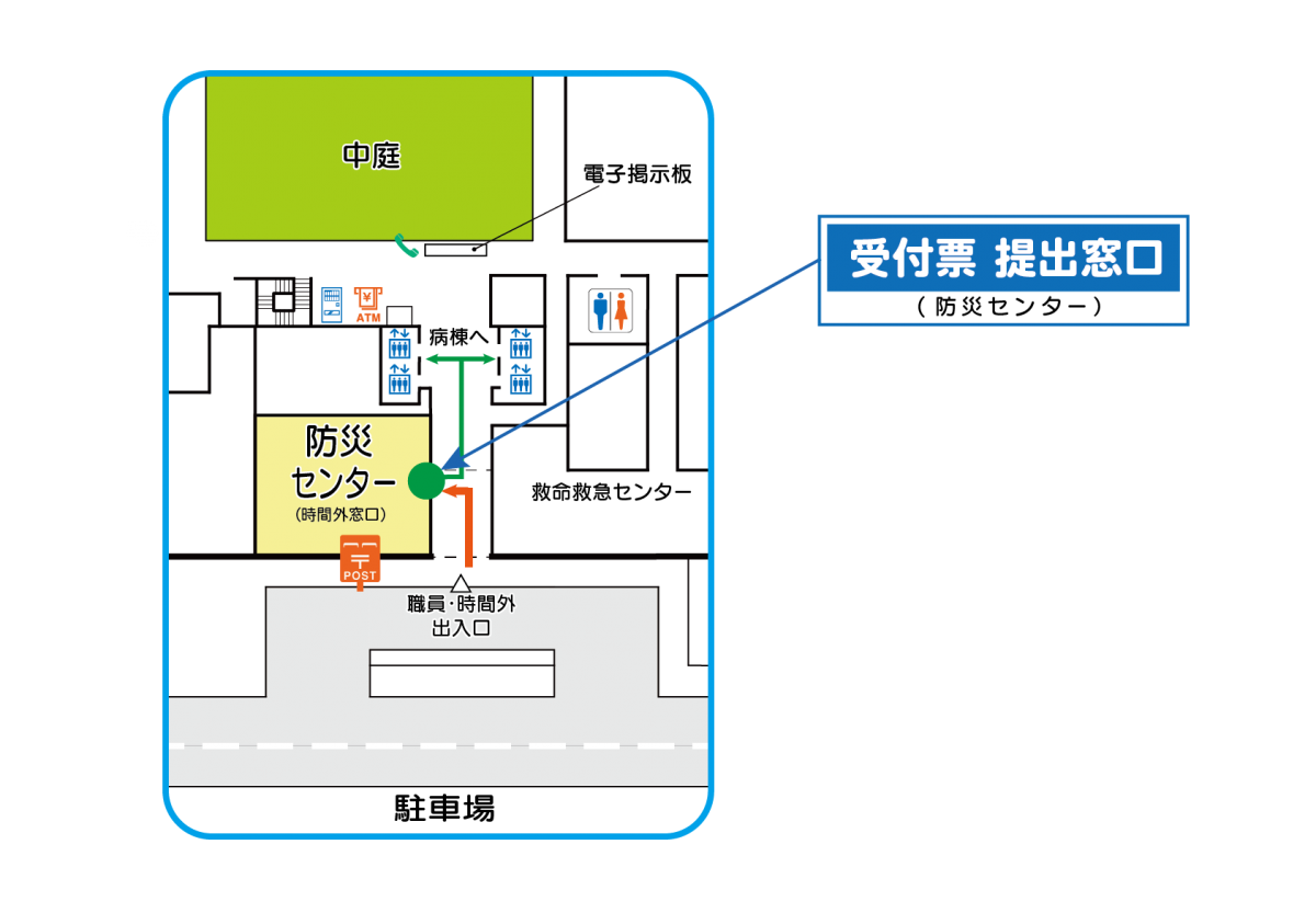 職員・時間外出入口から入る方用のマップ